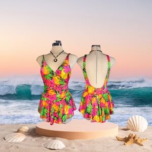 Vintage CHARLICO Sun Multicolor Swimming Bathing suit  with Skirt Size 14